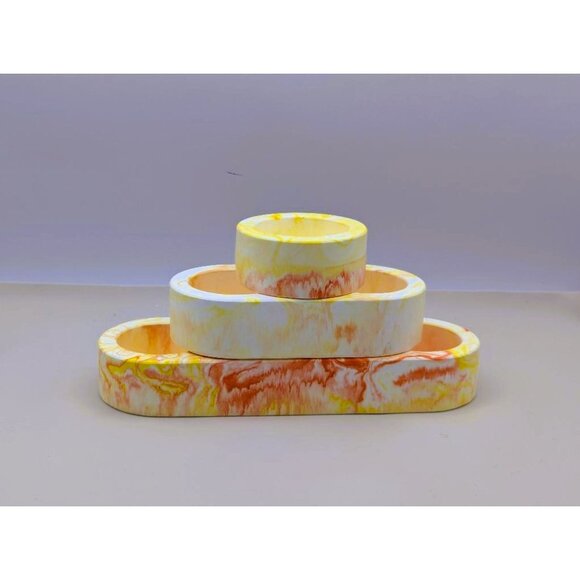 Handmade Eco Resin Tealight Candle Holder Set Marbled Yellow & Orange - Picture 2 of 8